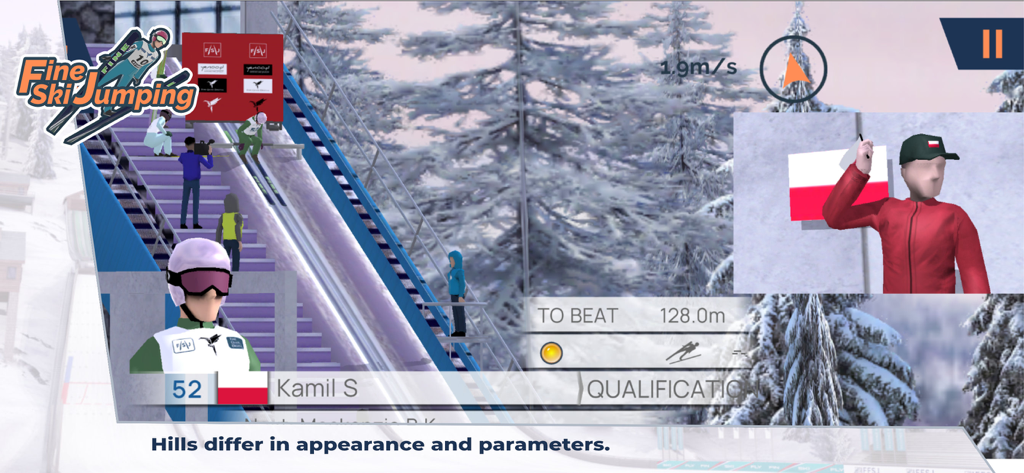 Fine Ski Jumping - Fine Ski Jumping의 게임 플레이 화면, 폴란드 스키어와 점프 통계 표시