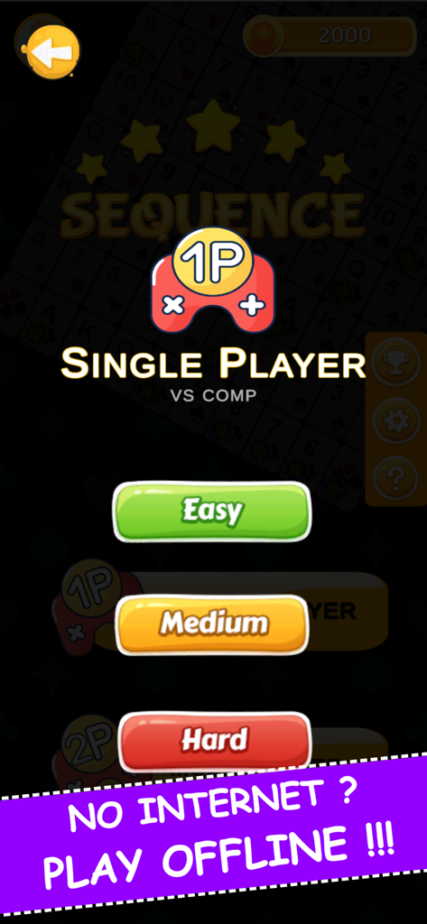 World of Jacks single player mode screen with easy medium and hard difficulty levels and offline play