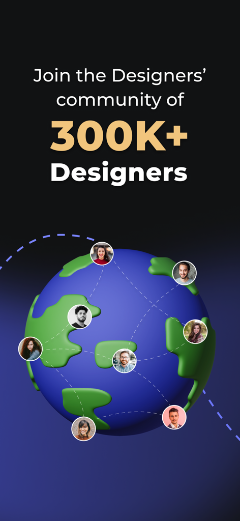 ProApp: Online Design Courses - A 3D globe surrounded by user avatars highlighting a global community of over 300,000 designers