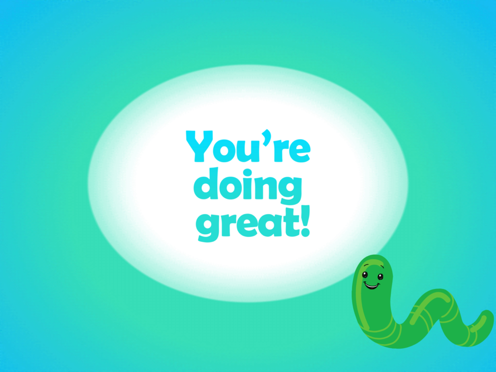 MAP Reading Fluency Testing - Encouragement screen from the MAP Reading Fluency app showing a smiling green worm and the text You are doing great.