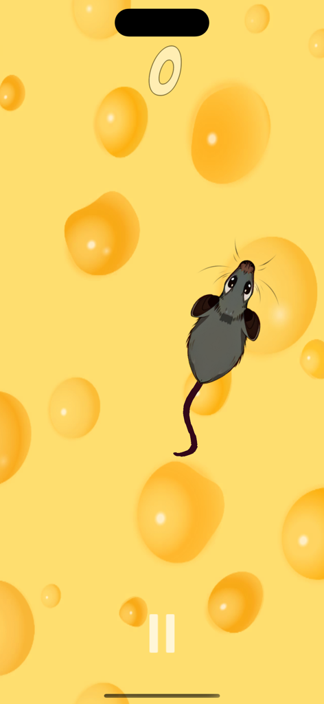 Un topo grigio animato che sfreccia su uno sfondo a tema formaggio svizzero in un gioco per gatti.