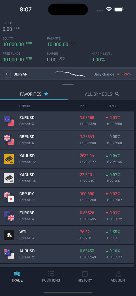 MTR GooeyTrade - MTR GooeyTrade mobile app dashboard showing account equity and a list of favorite currency and commodity trading pairs