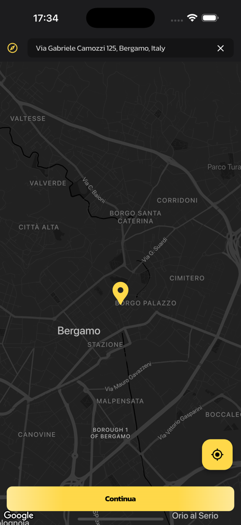 ベルガモでの配送先住所を選択するためのFlash-Deliveryアプリの地図インターフェース