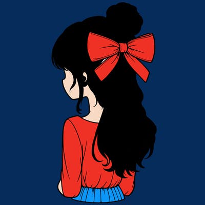realistic girl  with hip length hair a bun and a big bow on the back of head