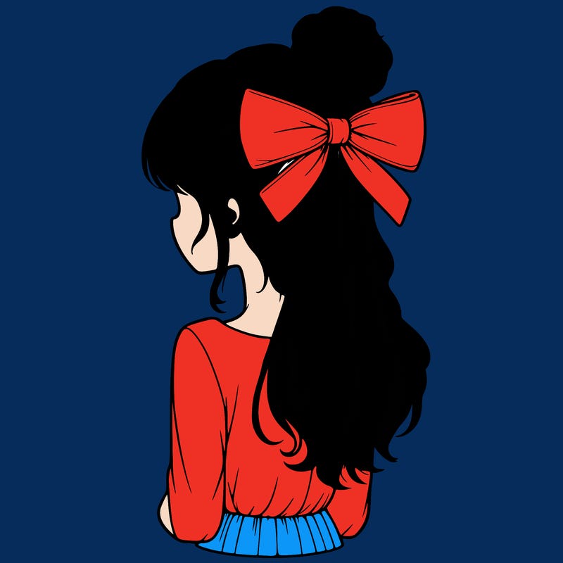 realistic girl  with hip length hair a bun and a big bow on the back of head