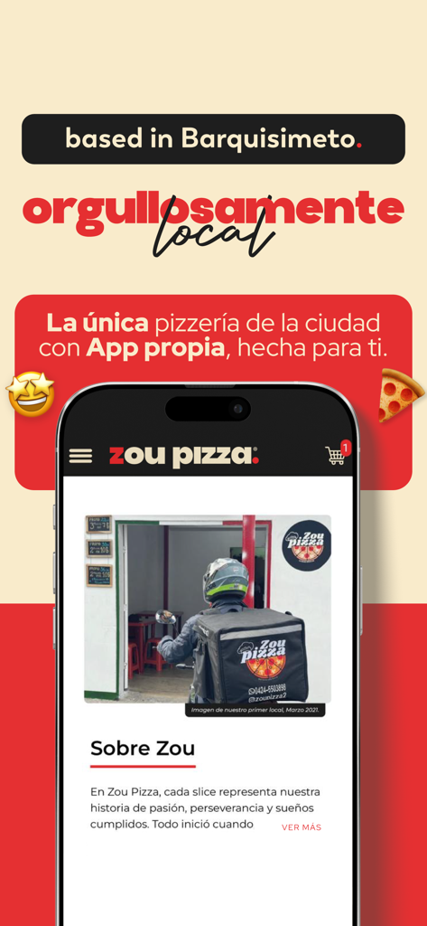 Zou Pizza - Smartphone affichant l'application Zou Pizza avec une photo d'un livreur et un texte soulignant la marque comme une entreprise locale