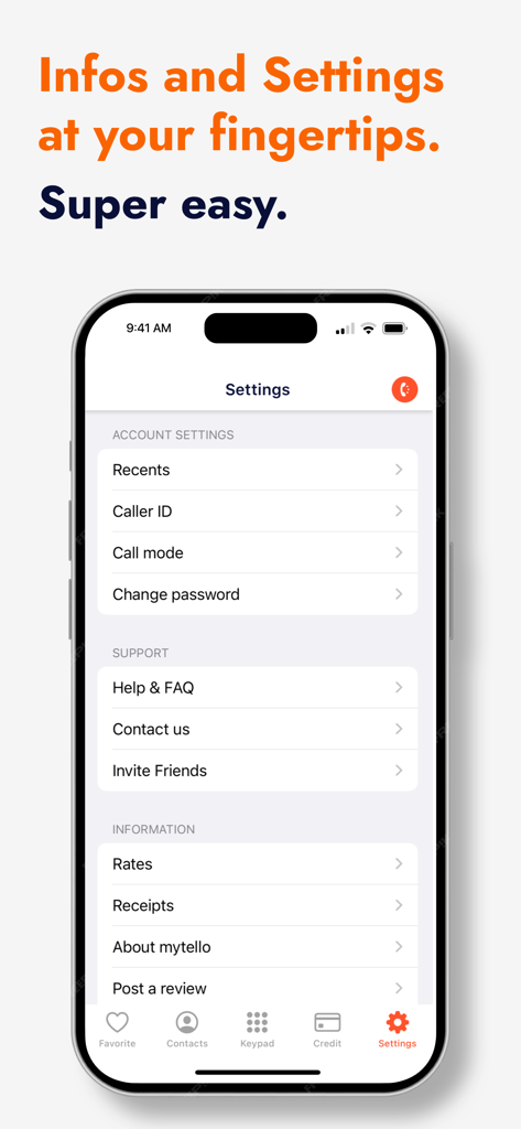 Screenshot of the mytello app settings menu showing options for account management support and call rates on an iPhone