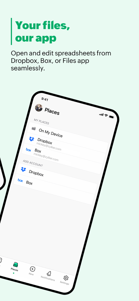Zoho Sheet: Spreadsheet App - Zoho Sheetモバイルアプリのインターフェース。表計算管理のためのDropboxおよびBoxとのクラウドストレージ連携を表示しています。