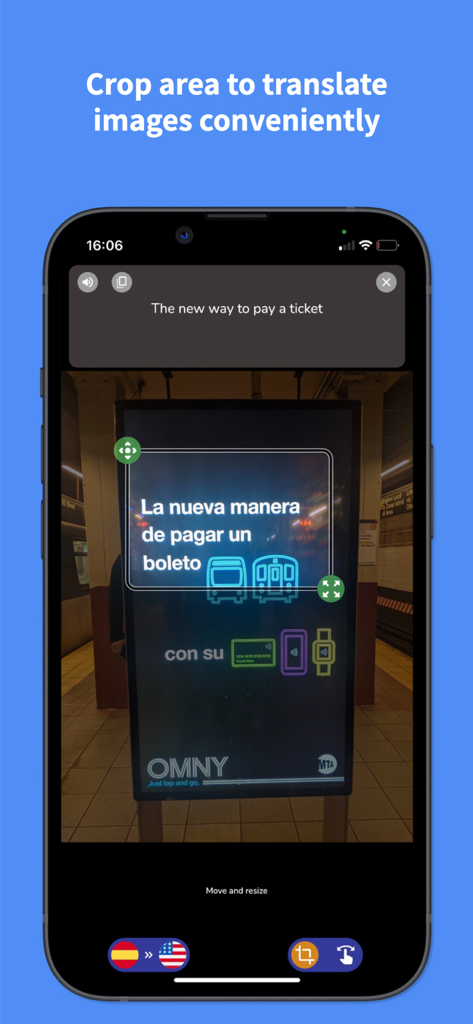 Language Translator Pro - All+ - iPhone screen showing a camera translation app cropping and translating a Spanish sign into English