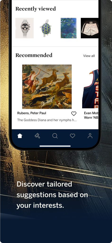 Sotheby's - 최근 본 상품 및 미술품, 시계, 수집품 등 추천 럭셔리 아이템을 표시하는 소더비 앱 모바일 인터페이스