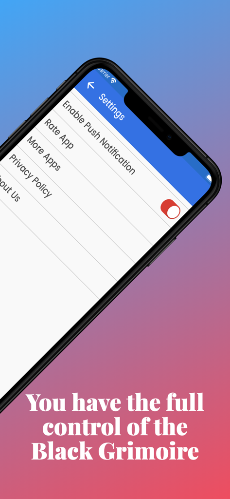 Black Magic Spell - Settings screen of the Black Magic Spell app featuring push notification options and grimoire control text.