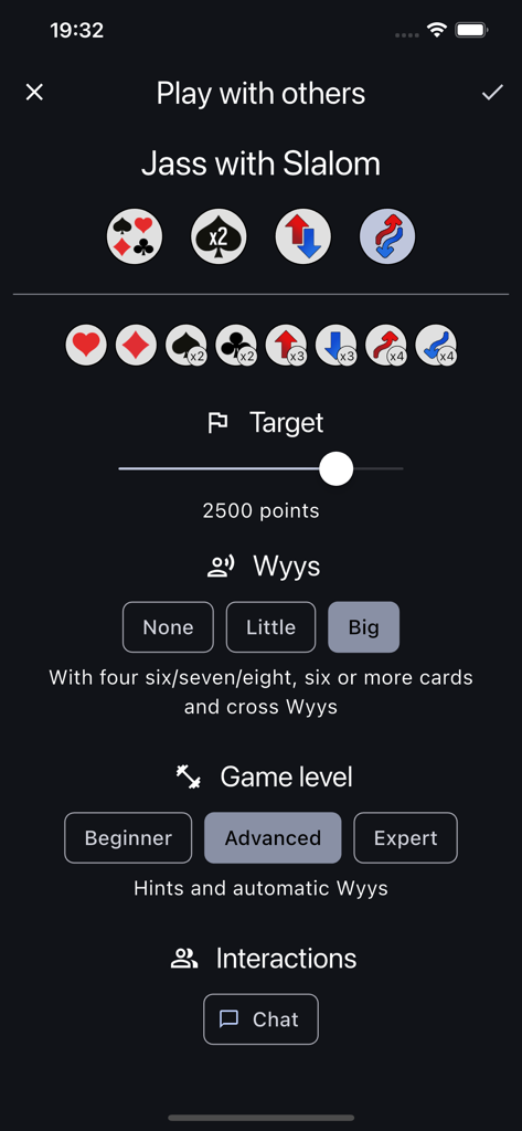 JassPro - JassPro game setup screen for multiplayer matches showing rules and difficulty levels