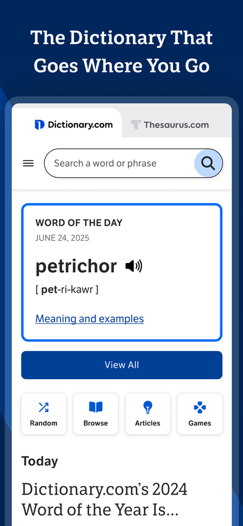 Dictionary.comモバイルアプリのインターフェース。今日の単語「petrichor」と、その発音、検索バーが表示されています。
