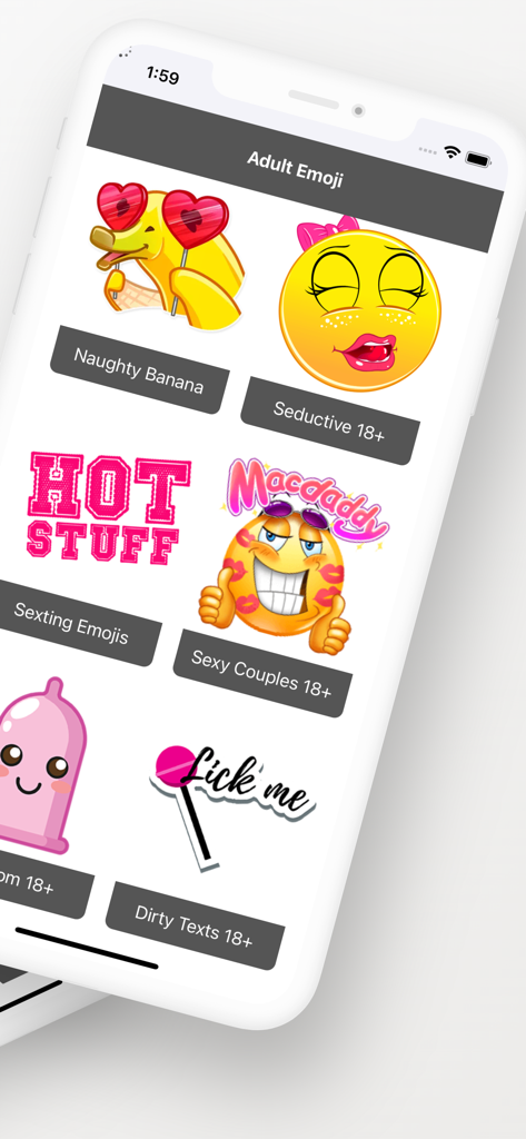 A mobile app interface displaying a variety of adult-themed naughty and flirty emojis and stickers