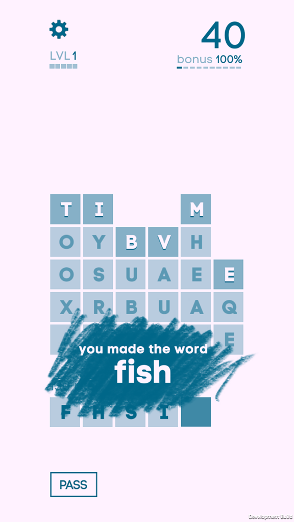Antigrams - Screenshot of Antigrams gameplay showing a grid of letters and a message indicating the player accidentally created the word fish