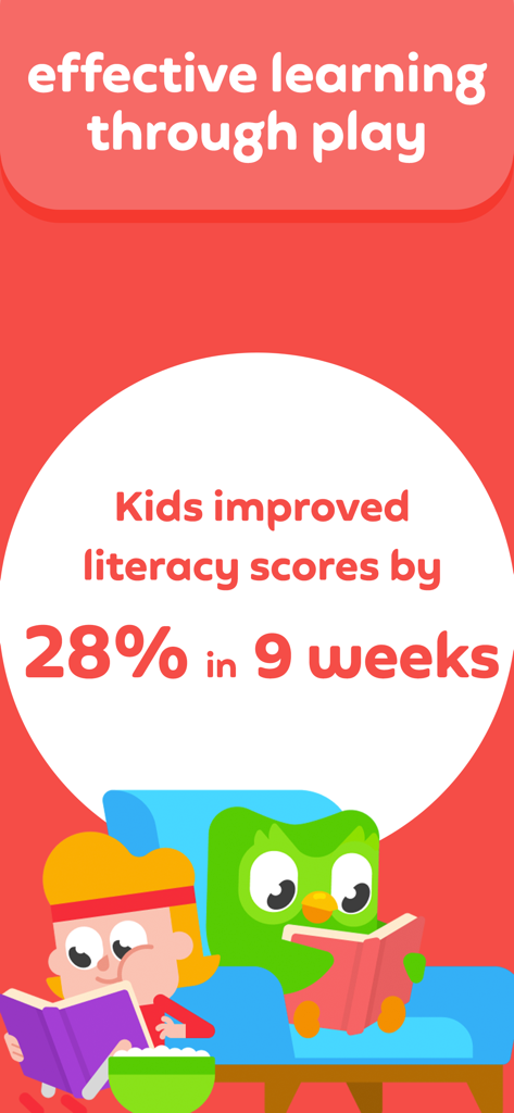 Learn to Read - Duolingo ABC - Infográfico mostrando uma melhoria de 28% na alfabetização em 9 semanas com Duo a coruja e uma criança lendo