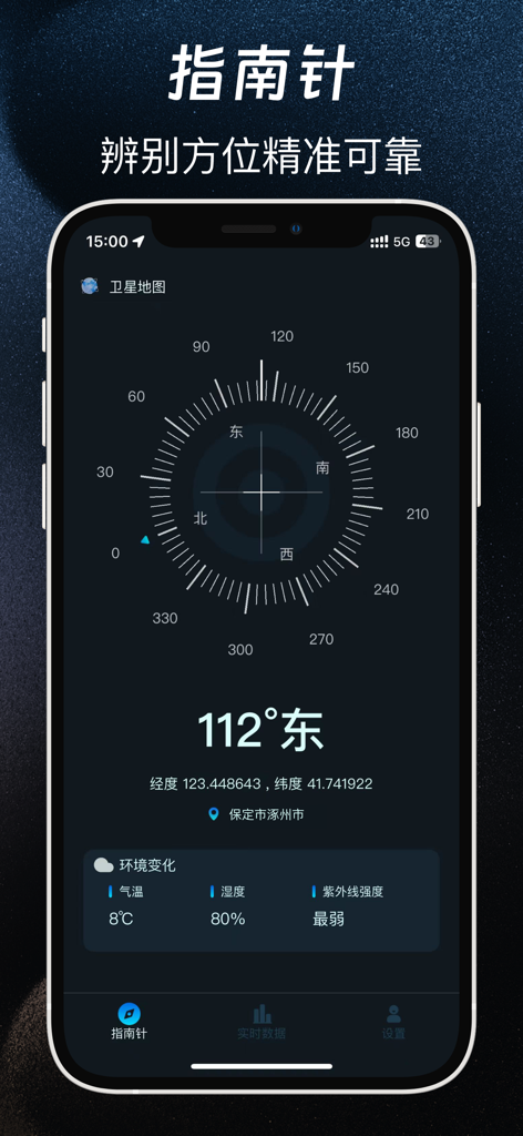 指南针-GPS经纬度海拔高度测量定位 - A digital compass app interface showing orientation coordinates and environmental data
