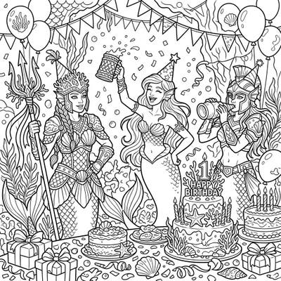 Join these magnificent Warrior Mermaids as they trade their battles for balloons and celebrate an unforgettable birthday party beneath the waves. This unique coloring page combines fantasy and festivity for an exciting artistic adventure.