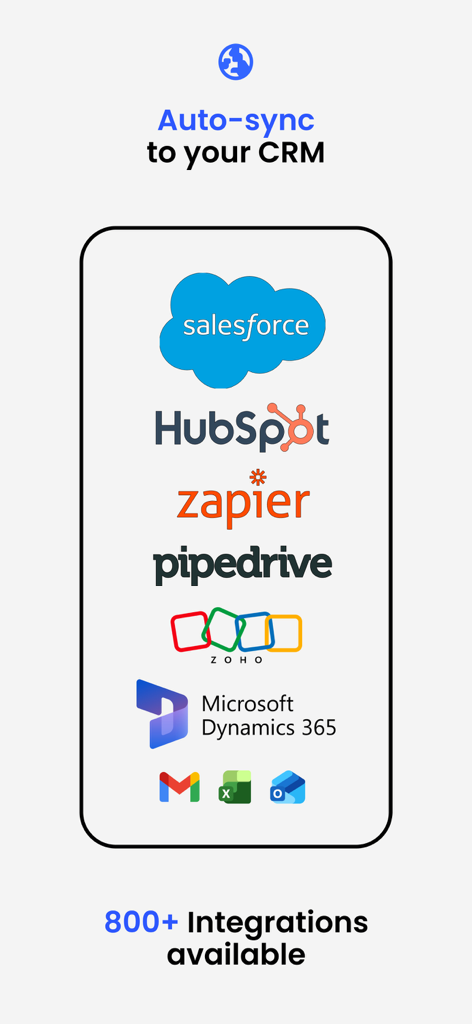 Business Card Scanner by Covve - Mobile app screen showing CRM integrations including Salesforce HubSpot and Zapier for auto-syncing business card data