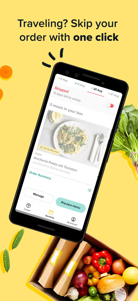 Marley Spoon App-Oberfläche, die zeigt, wie man eine Lieferung mit einem Klick überspringt