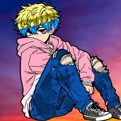 a male hoddie ripped jeans messy hair anime