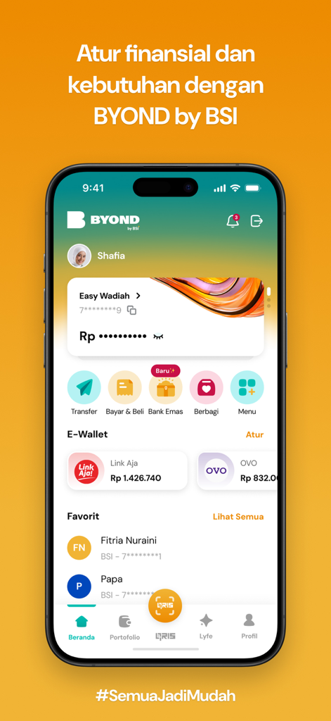 A mobile interface of the BYOND by BSI app showing the home dashboard with account balance e-wallet integration and financial services