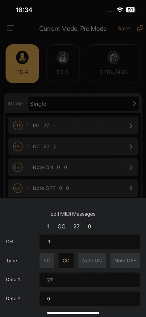 Pulze Control - A mobile interface for editing MIDI messages and pedal settings in the Pulze Control Pro Mode.