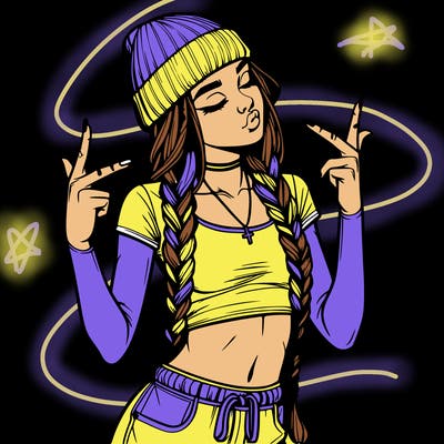 realistic teenage girl with braids and a beanie and crop top doing 🫶🏼
