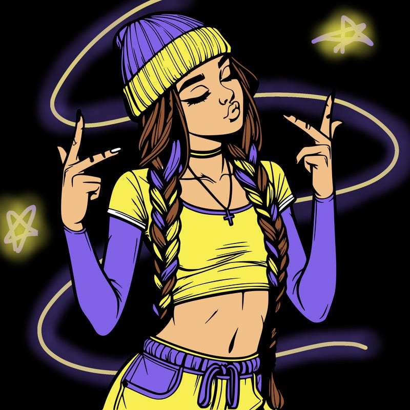 realistic teenage girl with braids and a beanie and crop top doing 🫶🏼