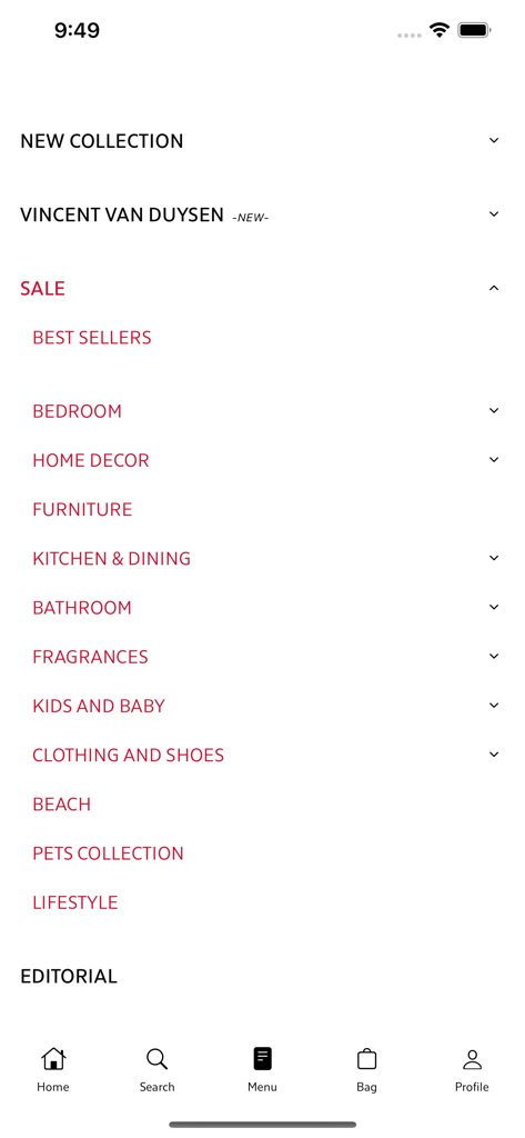 Zara Home - Pantalla de menú de la app móvil Zara Home mostrando varias categorías de compras como Dormitorio, Muebles y Decoración del Hogar