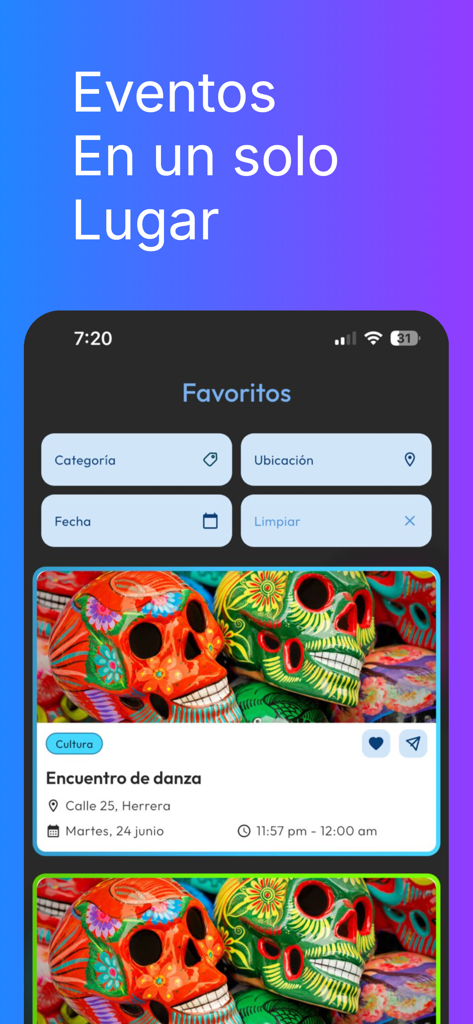 Agenda Mi Cultura app interface displaying a list of favorite cultural events in Panama with filtering options by category location and date