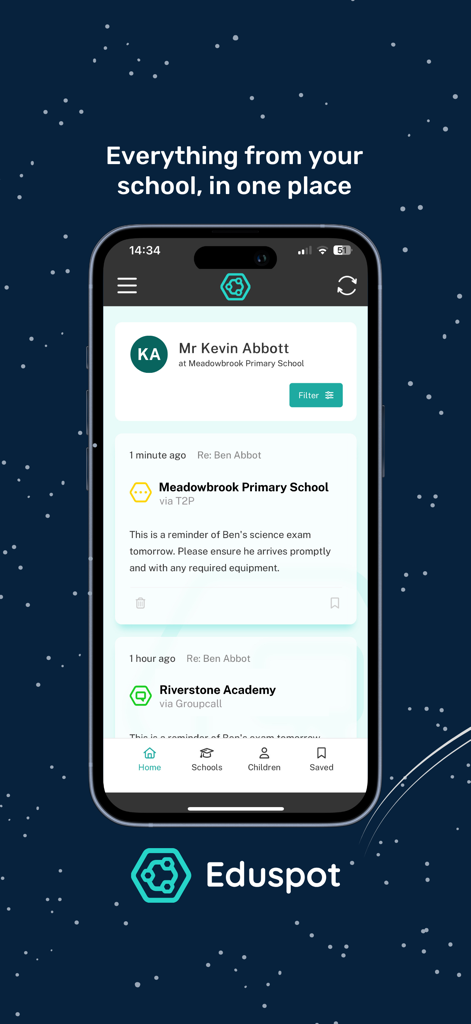 Eduspot - Mobile interface of Eduspot app displaying a timeline of school messages and exam reminders for parents