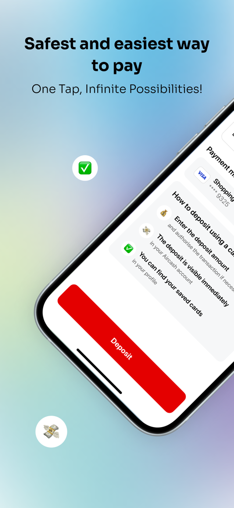 Aircash mobile app interface showing the deposit screen with the headline Safest and easiest way to pay.