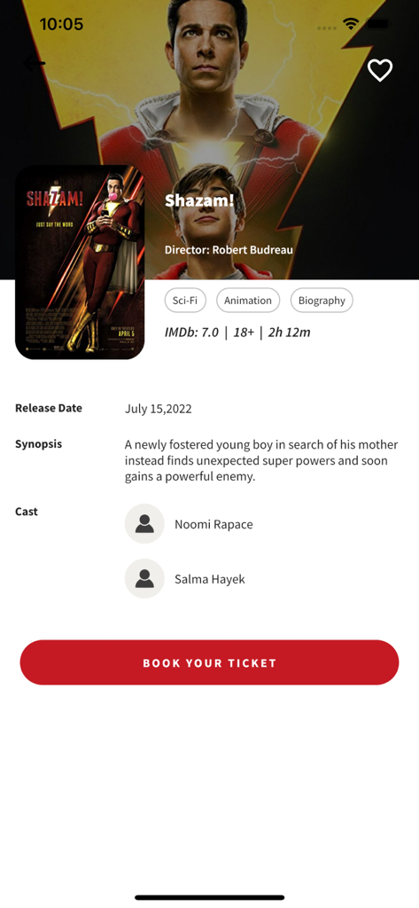 Écran de l'application mobile Iraqi Cinema montrant les détails du film Shazam et un bouton de réservation de billet