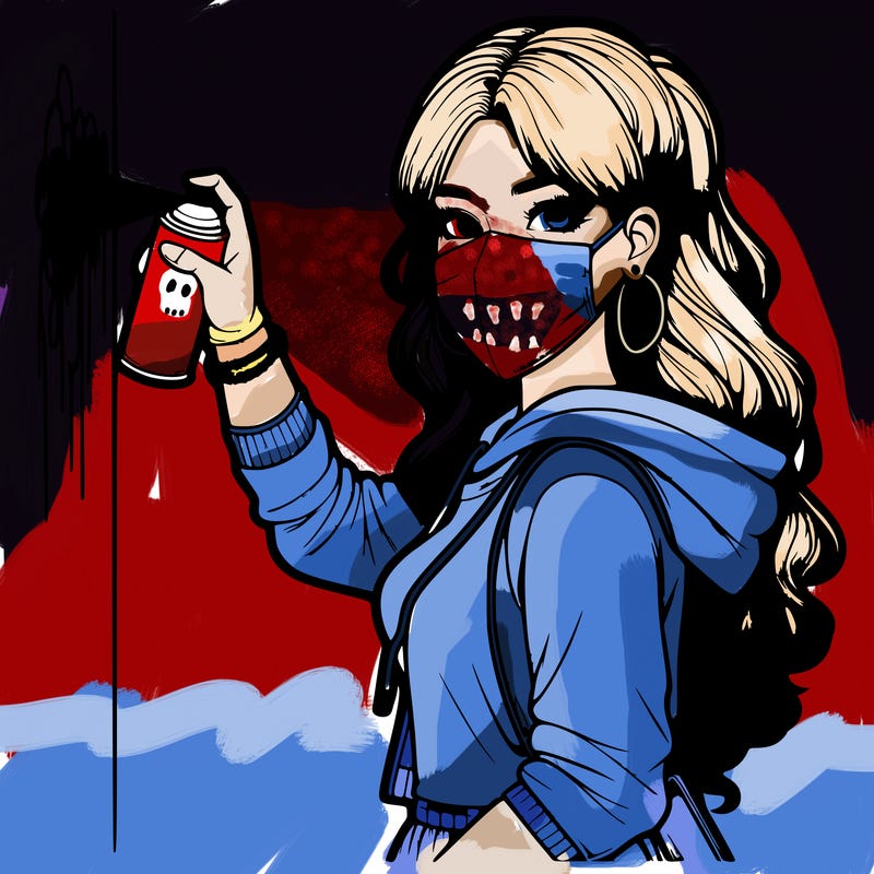 realistic girl with mask spray painting a wall