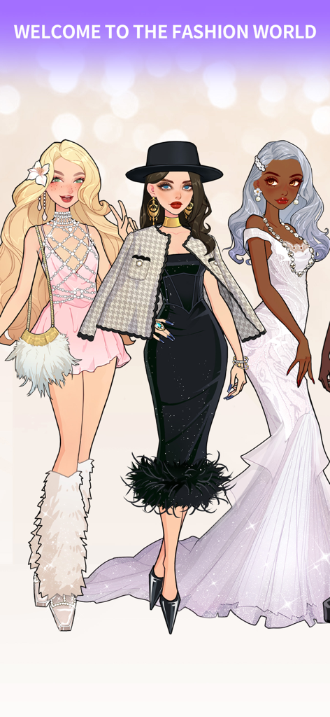 Three stylized female avatars wearing trendy outfits in the SuitU fashion game