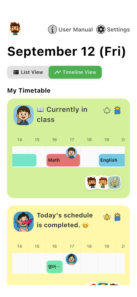 TokTok Timetable - TokTok Timetable app showing a daily schedule with math and english classes in a timeline view