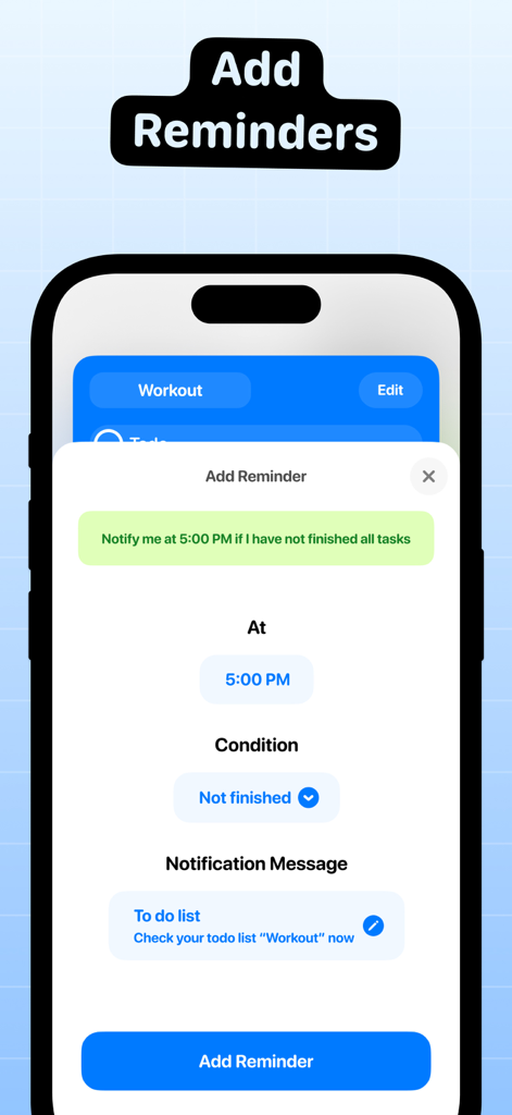 Interface for setting a reminder with time and conditions in the To Do List Widget app