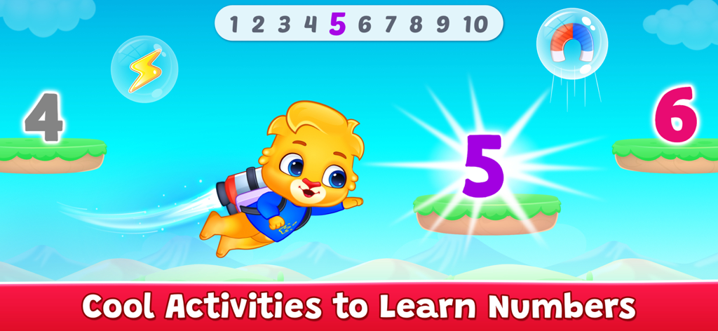 A cartoon character with a jetpack flies through the air in a number learning game for kids.