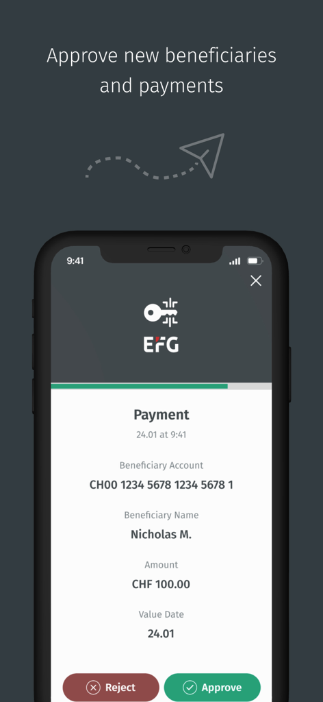 EFG Digital Key - EFG Digital Key mobile app screen showing a payment approval interface for EFG Bank clients