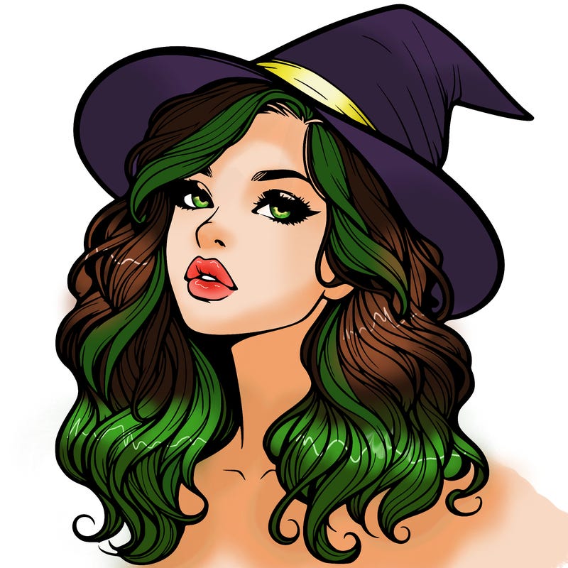 realistic witch girl with wavy hair and lips