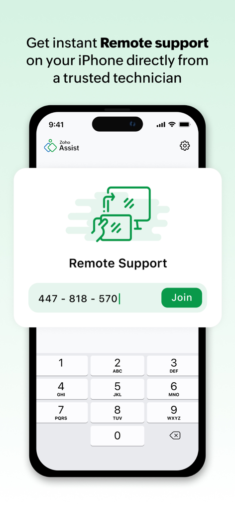 Customer App - Zoho Assist - Zoho Assist app screen with a session key input field for remote support
