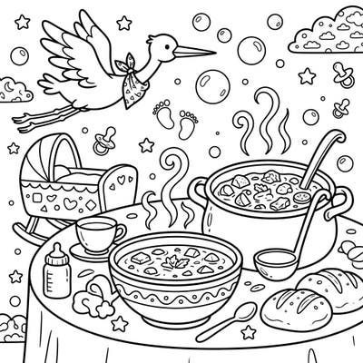 Combine the warmth of a comforting meal with the joy of a new arrival in this delightful coloring page. Featuring hearty soups, bread, and adorable baby shower elements like a stork and cradle, it's perfect for celebrating happy beginnings.