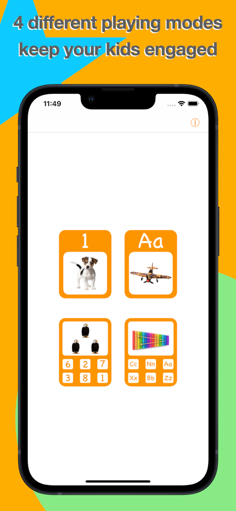 Four different educational game modes for kids to learn numbers and letters
