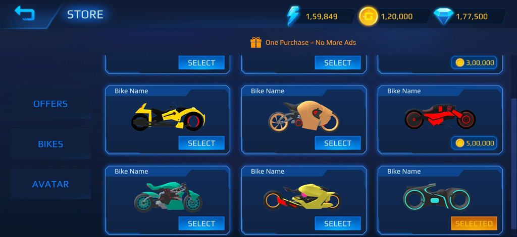 In-game store menu showing a variety of futuristic neon motorcycles for selection