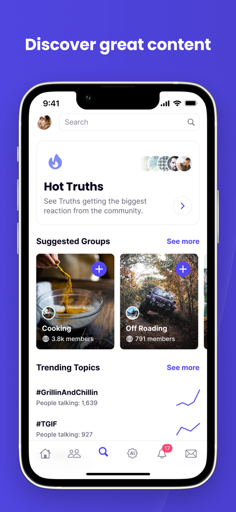 Interface de l'application Truth Social montrant la section de découverte avec les "truths" populaires, les sujets tendance et les groupes d'intérêt suggérés comme la cuisine et le tout-terrain