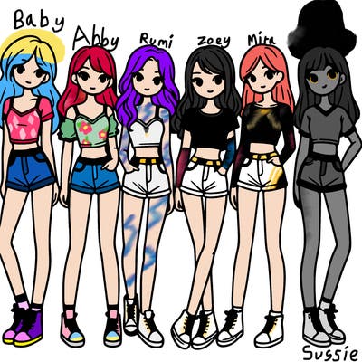 a group of girls wearing crop tops and shorts