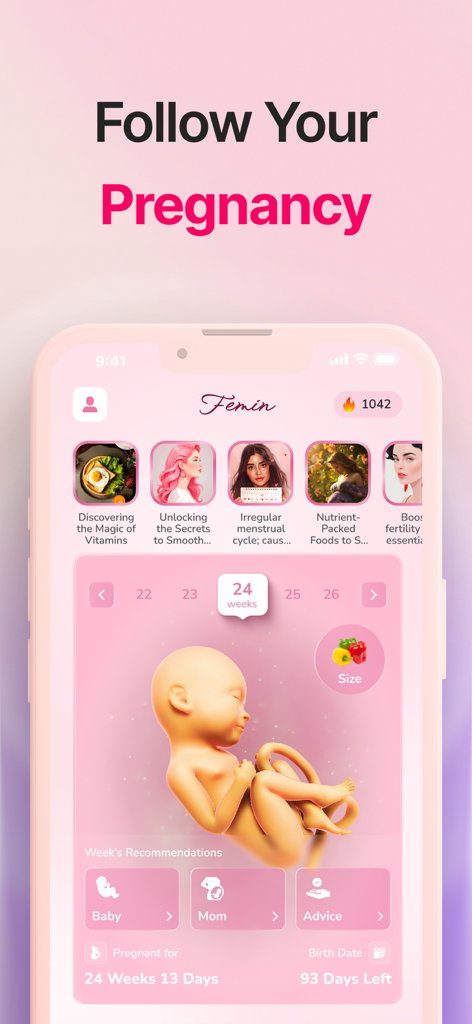 Period Tracker－Pregnancy・Femin - Panel de la aplicación Femin que muestra un hito de embarazo de 24 semanas con un modelo 3D del bebé y artículos de salud prenatal.