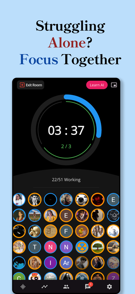 Focus Friend - Pomoroom - Focus Friend Pomoroom app interface showing a group focus session with a countdown timer and user avatars.