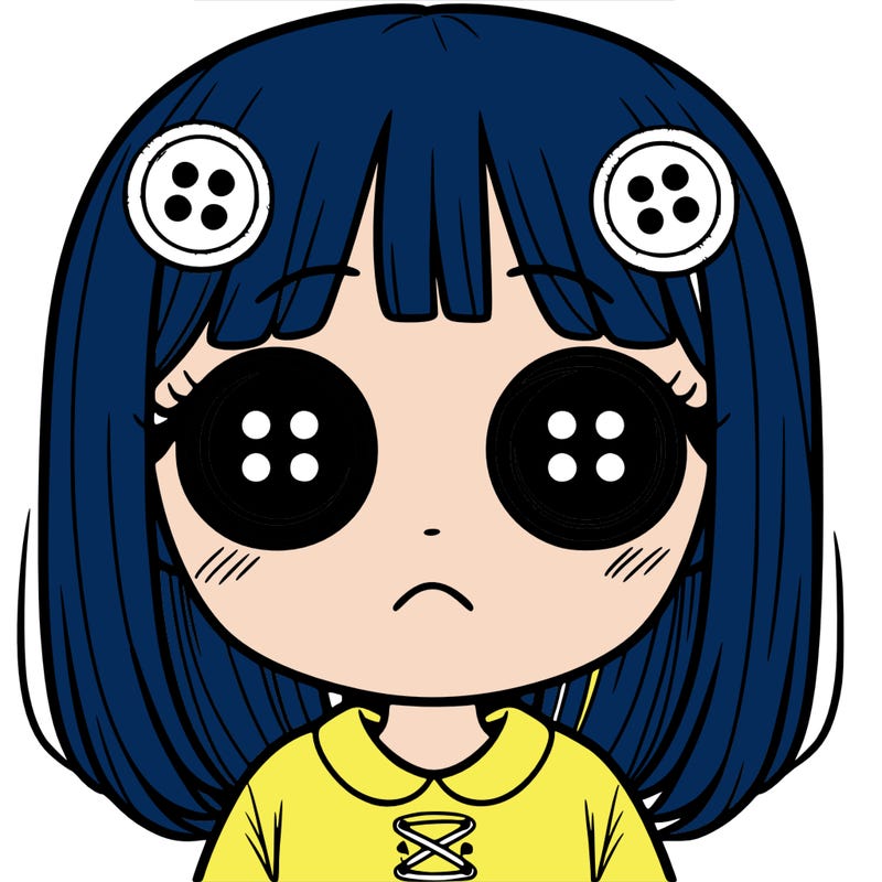 girl with button eyes and not smiling